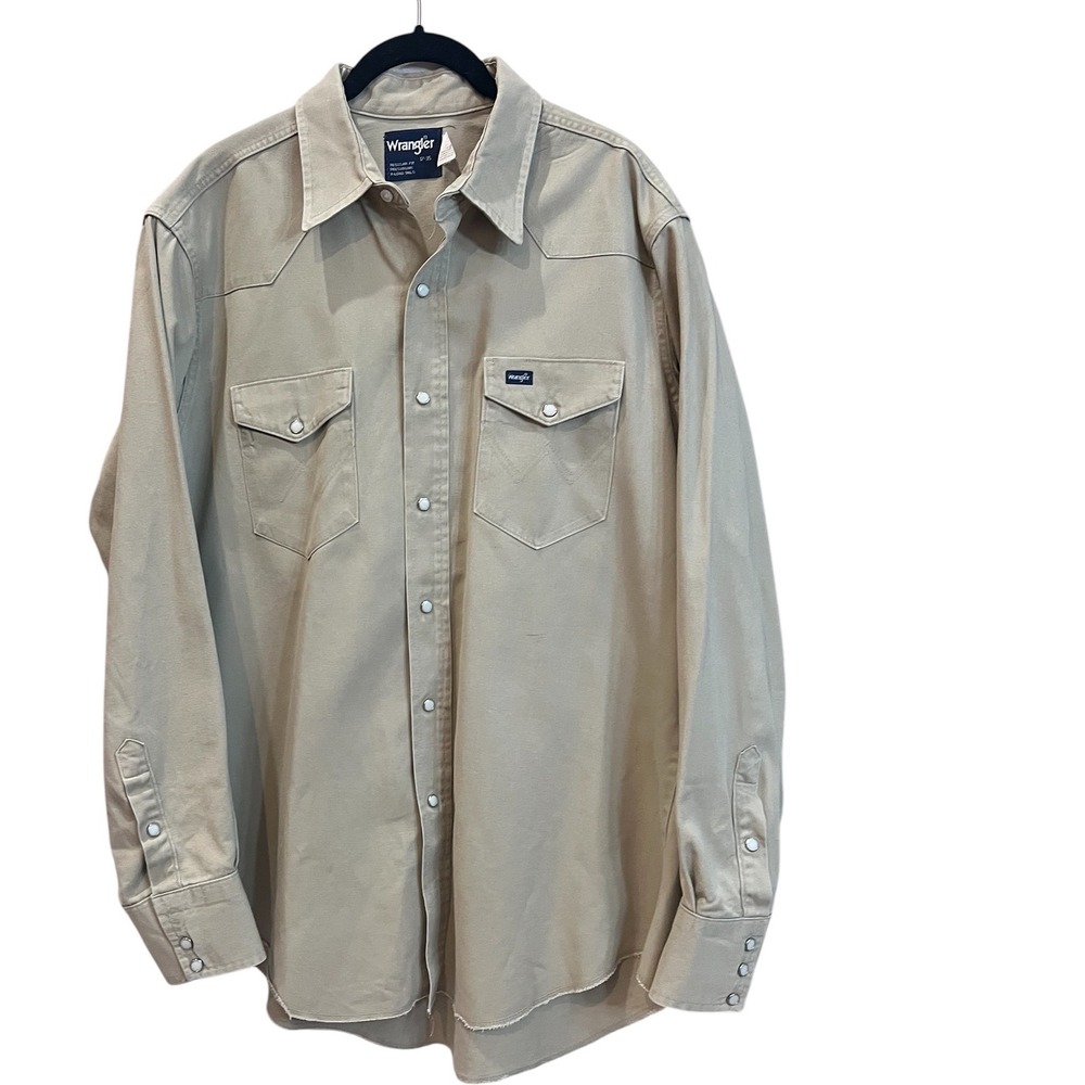 Vintage‎ Wrangler Western Pearl Snap Shirt Mens 17-35 Tan Khaki Cotton Made USA